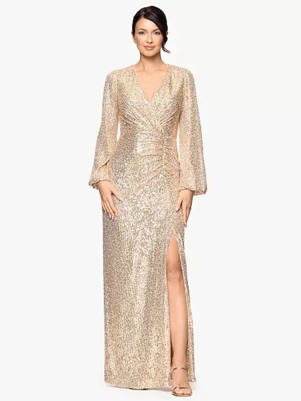 Betsy & Adam Gold Sequin V-Neck Long Sleeve Gown with Slit